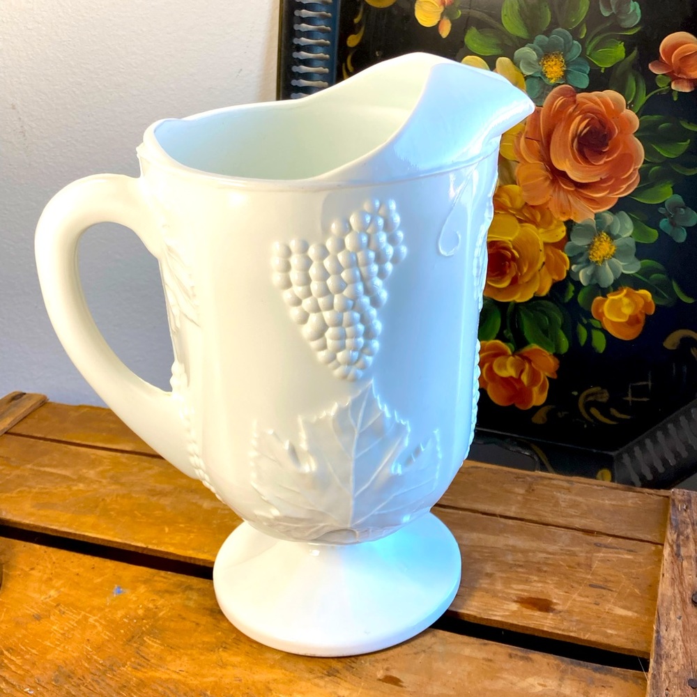 Vintage Indiana Glass Milk Glass Pedestal Pitcher Grapes leaves